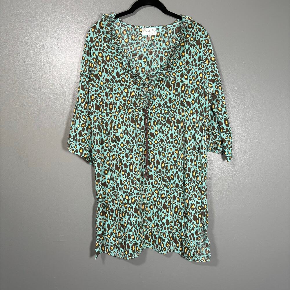 Mud Pie Bag Lady Turquoise Leopard Print 100% Linen Resort Dress - Size Small